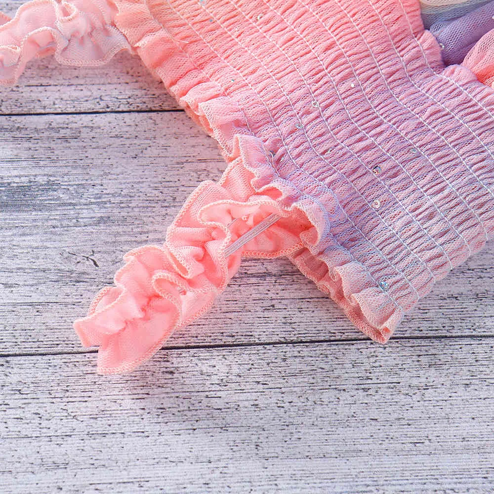 Sommar ärmlös tjej klänning mode regnbåge sequin mesh sling prinsessa söt fest 210515