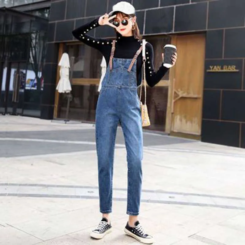 Mulheres Denim Macacão Coreano Estilo Solto Cintura Alta Calças Lápis Calças Casuais Ajustáveis ​​Pocket Pocksuit Mulheres Jeans Streetwear 210604