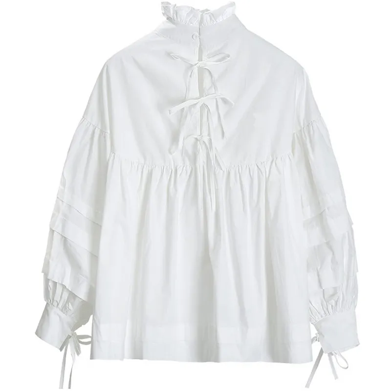 Ezgaga Sweet Shirts Dames Spring Nieuwe Mode Ruches Lange Puff Sleeve Solid Baggy Wit Lace-up Vrouwelijke Tops Kawaii Shirts ChiCh 210430