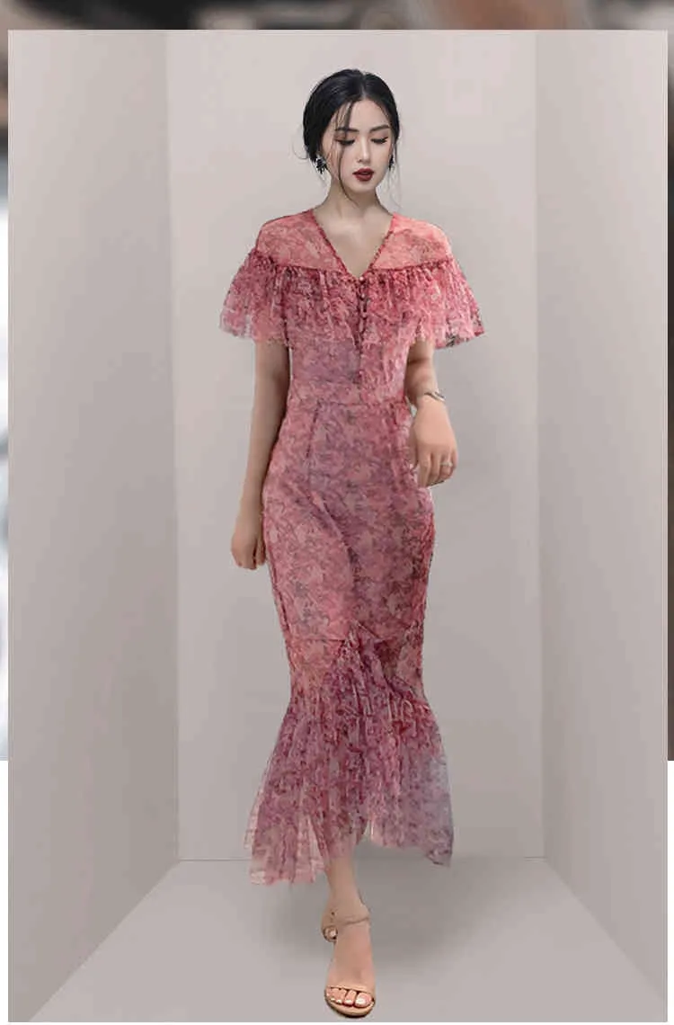 Modedesigner Vintage Elegante Blumendruck Rüschen Meerjungfrau Party Kleider Büro OL Bodycon Chiffon Dünnes Kleid Roben 210518