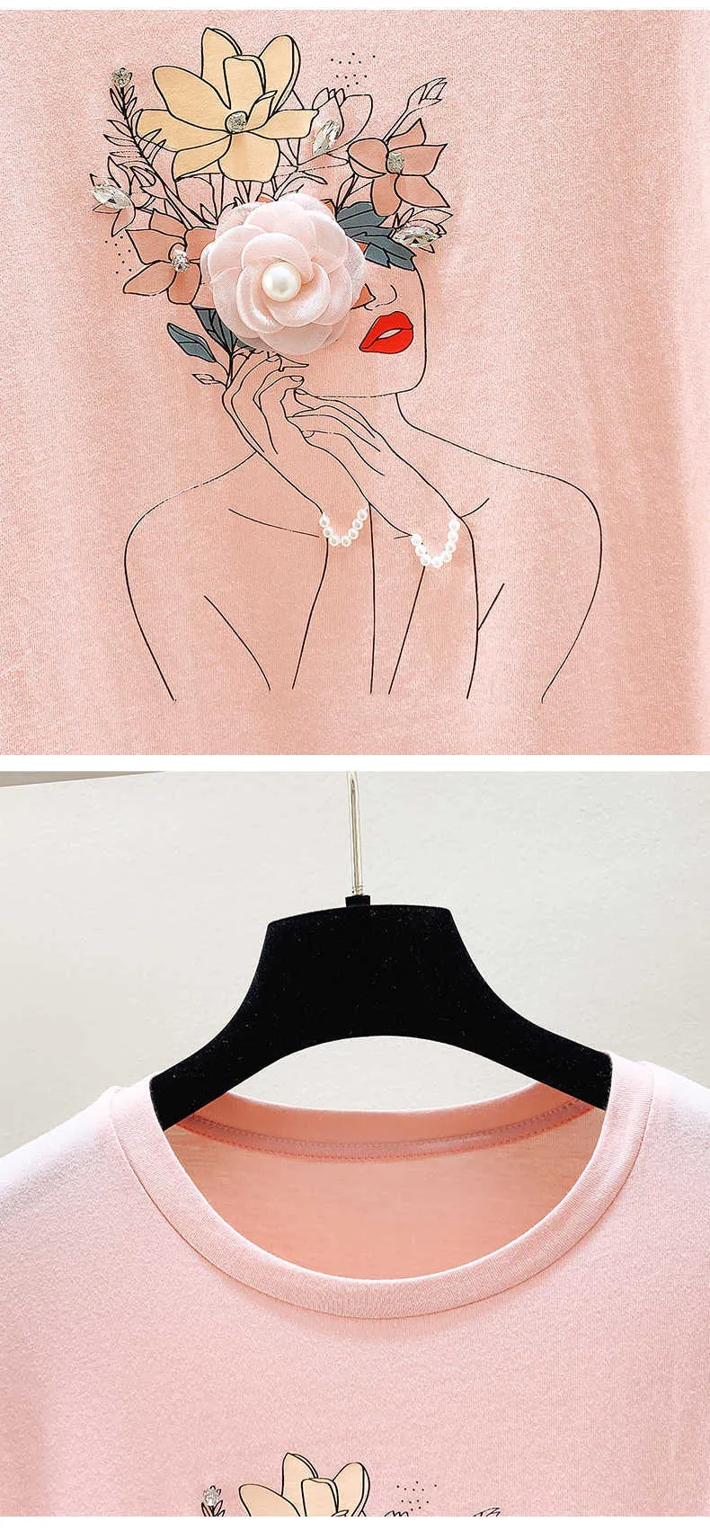 Manga curta Tshirt Roupas Mulheres Rosa Verão Tops Mulheres T-Shirts Laranja Beading Tshirt Coreano Moda Casual Kawaii Tees 210604