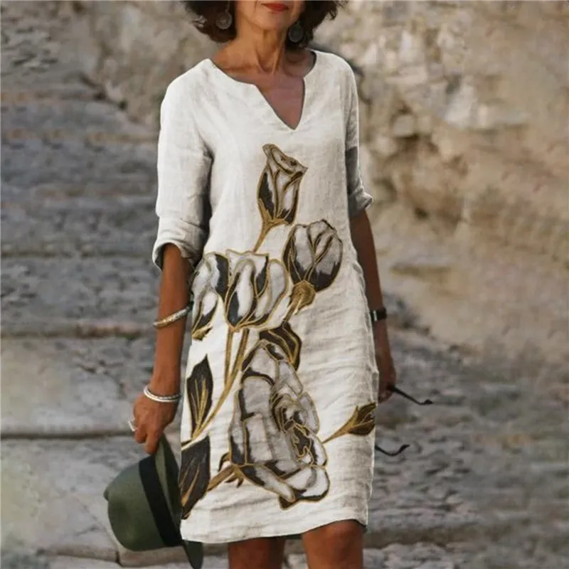 レディースプリントドレス夏の新しいデザインレトロなVネックルーズファッション気質女性のドレスx0521