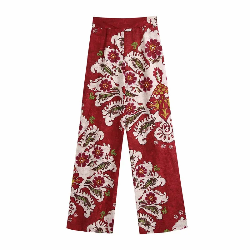 Pantaloni dritti a vita alta da donna casual Pantaloni estivi da donna in stile cinese in lino stampato 210515