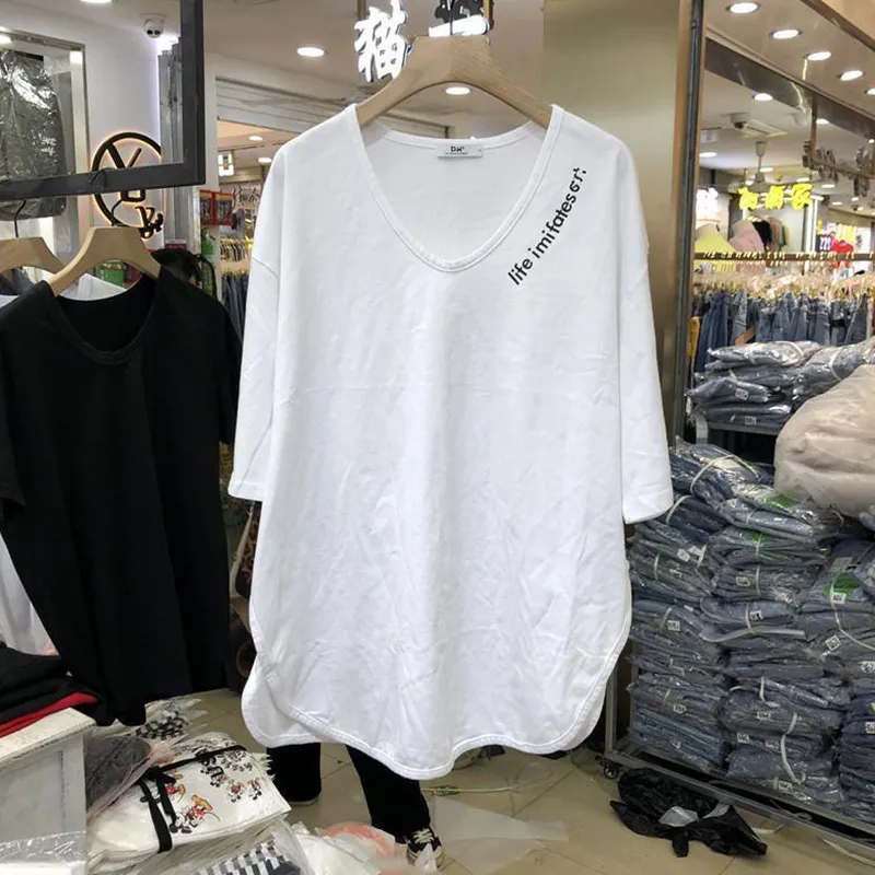 Arrivo Estate Moda coreana Donna T-shirt casual con scollo a V Maglietta bianca allentata in cotone Femme Long Top Plus Size C02 210512