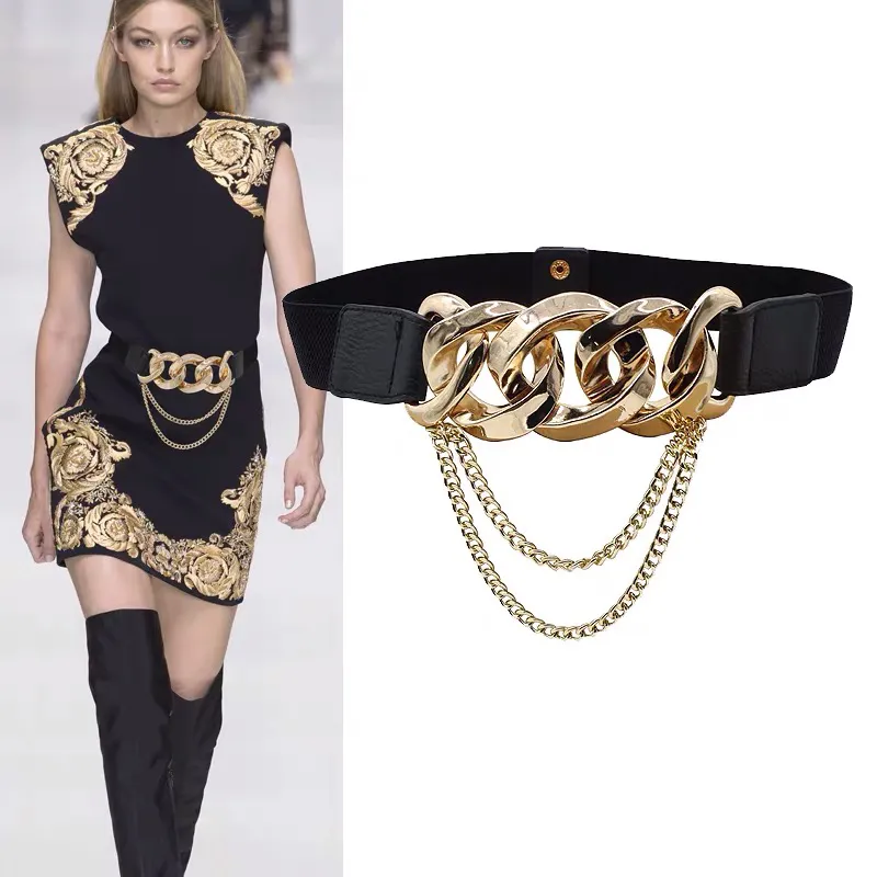 Elastic gold chain belt tassel metal stretch cummerbunds plus size corset belts for women dress waistband leather ceinture femme9711094