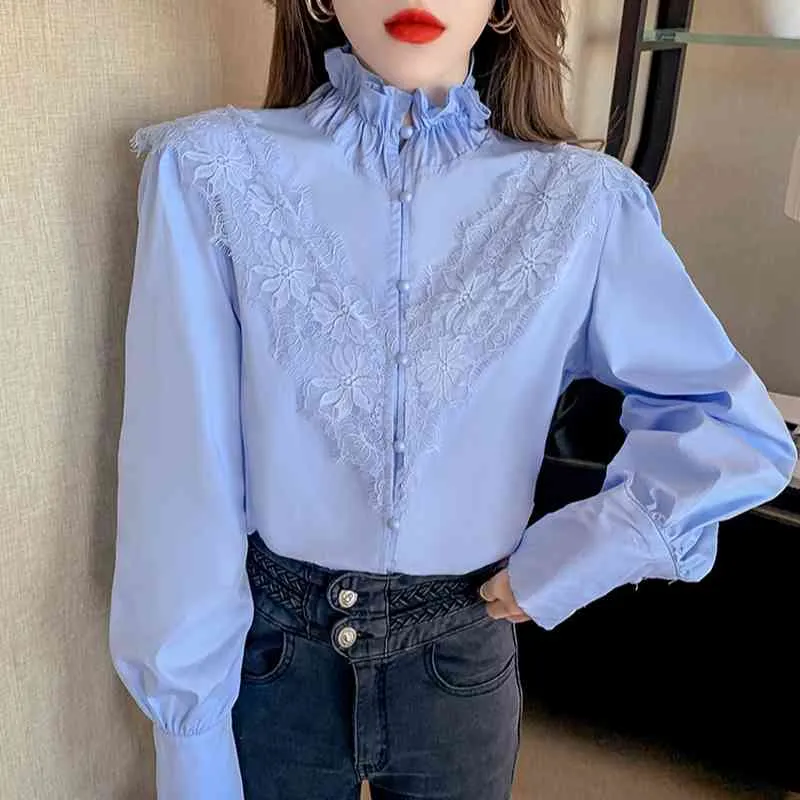 Ezgaga Elegant Blouse Women Flower Lace Patchwork Long Sleeve Ruffled Korean Chic Spring Loose Female Shirts Fashion Blusas 210430