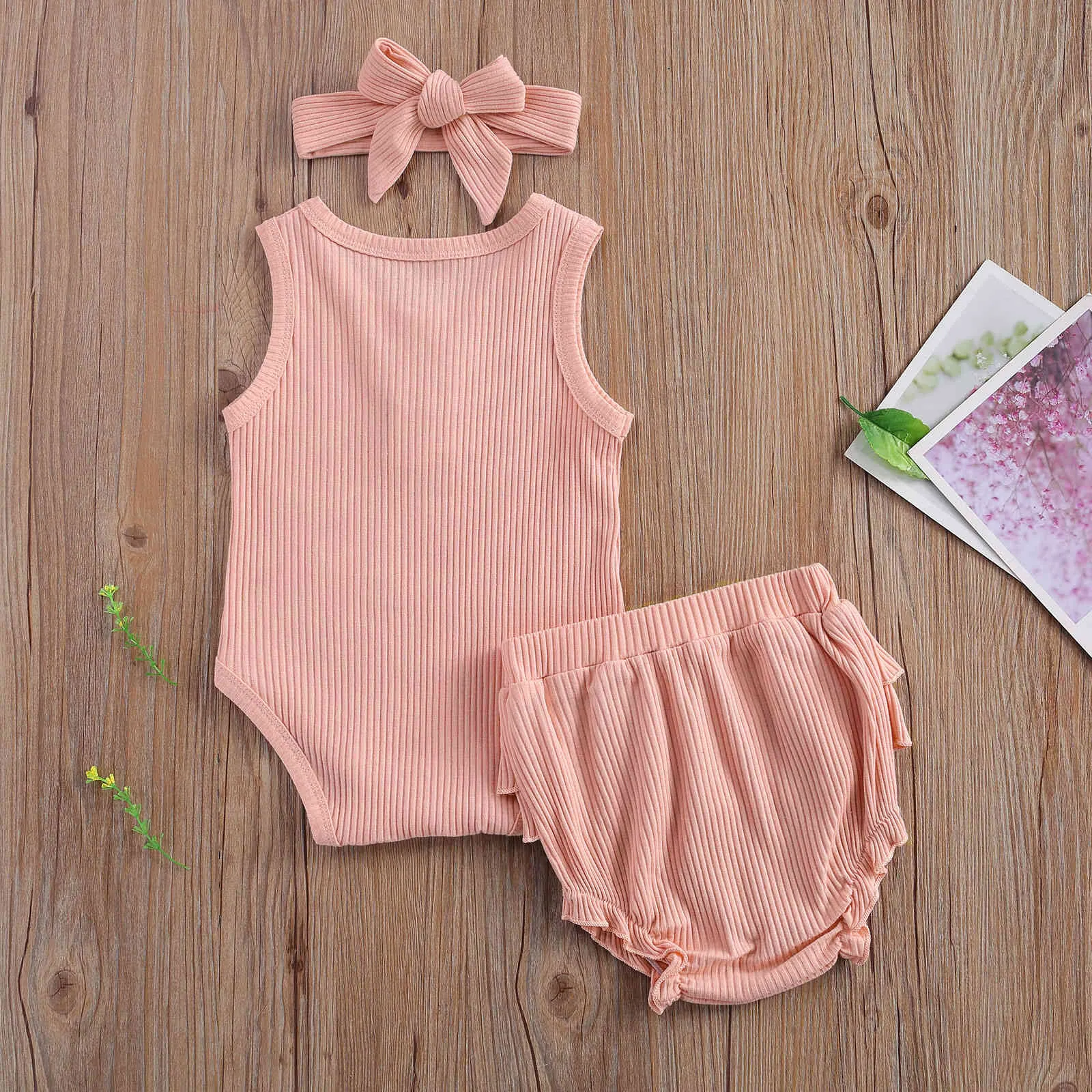 0-2Y Summer Toddler Infant born Baby Girl Knitted Outfit Sleeveless Vest Ruffles Shorts Bloomers Costumes 210515