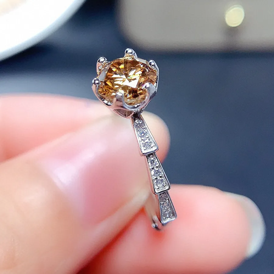 Chic 1 Champagne Crystal Morgan Zircon diamanter ädelstenar ringar för kvinnor 6 prongs inställning pt950 vitguld färg smycken