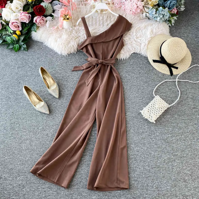 Women's Oblique Collar Suspenders Jumpsuit Female Off-the-shoulder Ruffles Slim Lacing High Waist Wide Leg Pants ML561 210506