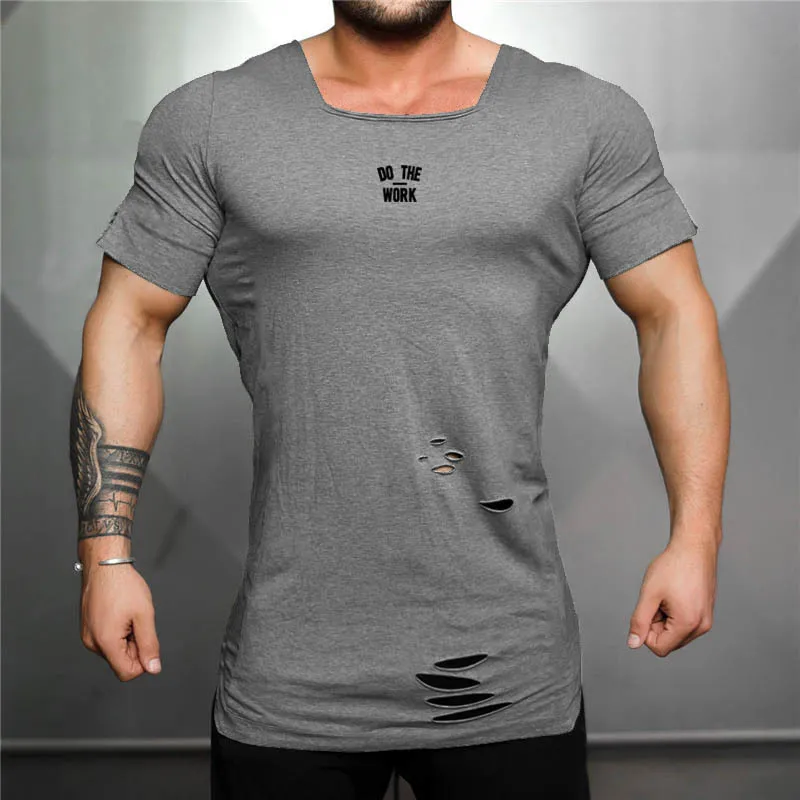 Nieuwe Zomer Fitness Kleding Compressie T-shirt Mannen Ripped Hole T-shirts Mens Slim Fit Tees Heren Heup Hop Gyms Strakke T-shirt 210421