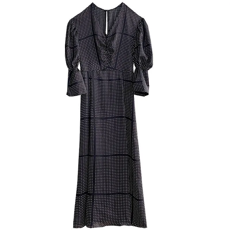V Neck Pullover Puff Long Sleeve Dress Women Vintage Print Spring Long Vestidos High Waist Hip A Line Robe Ol Slim 210514