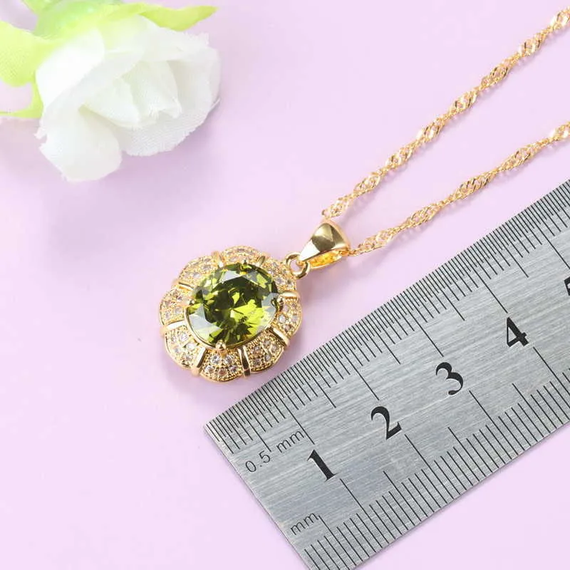 Brazilian Gold Color Jewelry Set For Women Wedding-Party Fashion Costume Olive Green Zircon Necklace And Clip Earrings Sets Gift H1022