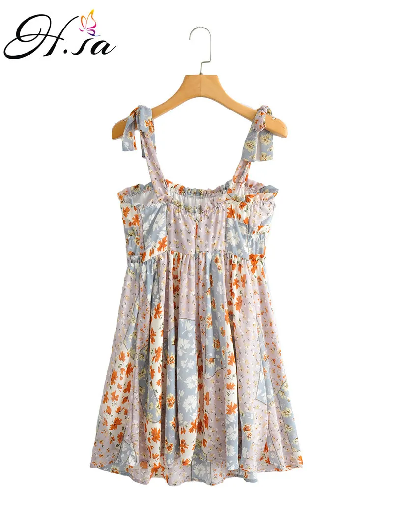 H.sa sukienka muszka pasek plisowany vestidos bez rękawów sexy party szaty lato kwiatowy vestido mini sukienki styl plaży 210417