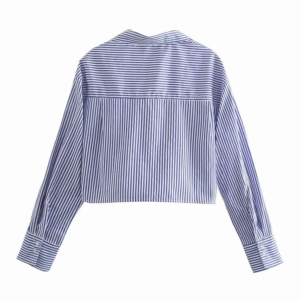 Women Shirts and Blouses Feminine Blouse Top Long Sleeve Casual Blue Turn-down Collar OL Style Loose cropped striped shirt 210520