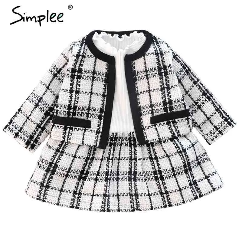 Mère et enfants Tweed plaid deux pièces jupe correspondant vêtements de famille tenues Chic mignon bébé maman automne blazer costume 210414