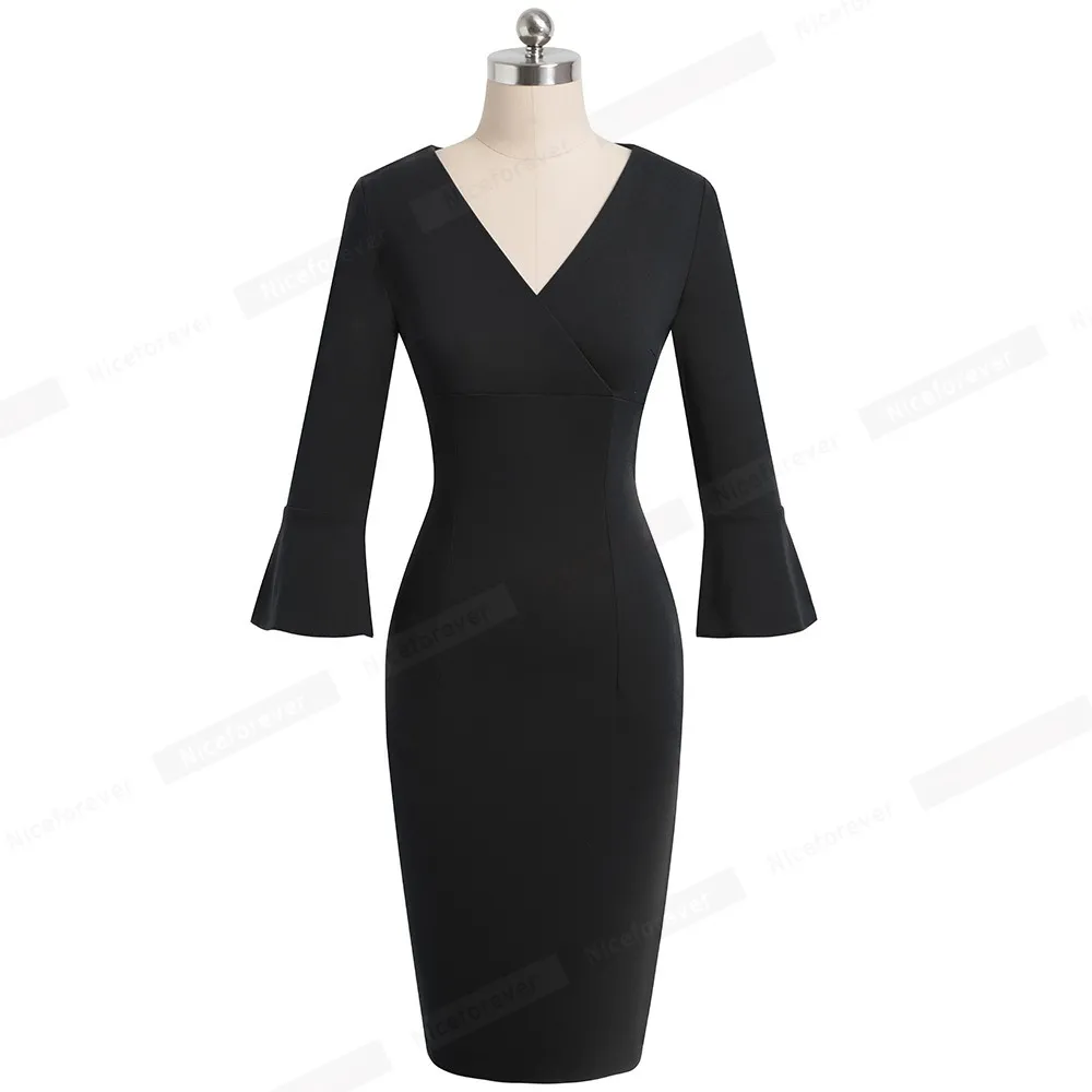 Nice-forever Elegant Pure color Sexy V-neck vestidos Business Party Bodycon Vintage Women Sheath Dress B541 210419