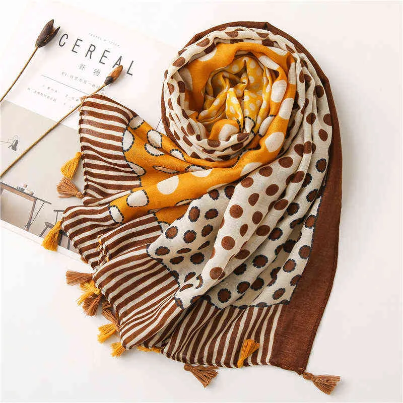 New Fashion Autumn Women Viscose Scarf Polka Dot Stripe Tassel Beach Hijab Shawls and Wraps Female Foulards Echarpe Muslim Hijab Y1108