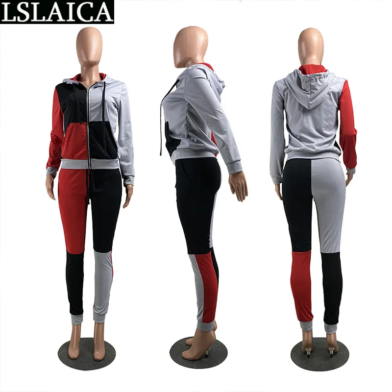 Mode Mit Kapuze Sweatshirtwoman Hosen Casual Farbe Passenden Zwei Stück Outfits für Frauen Reißverschluss Lose Roupas Femininas 210515