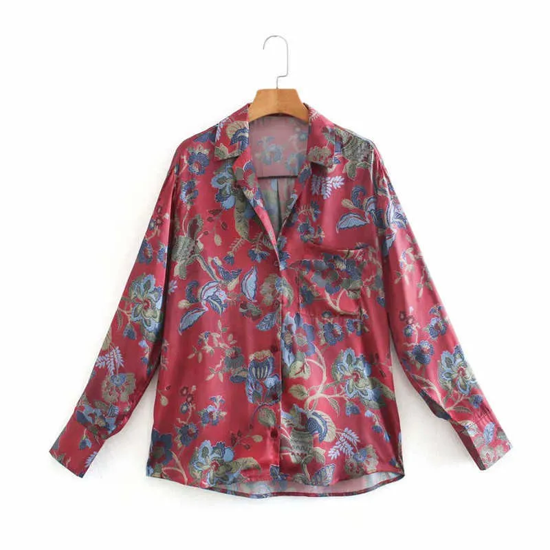 Za Vintage Oriental Wydruk Koszula Kobiety Z Długim Rękawem Miękkie Nieregularne Top Kobieta Chic Przycisk przedni Elegancka czerwona bluzka 210602