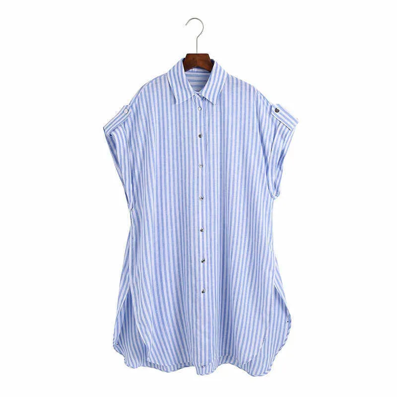 Rayé surdimensionné Za chemise femmes à manches courtes en vrac longues chemises d'été femme Chic bouton sur le côté évent irrégulier bleu haut 210602