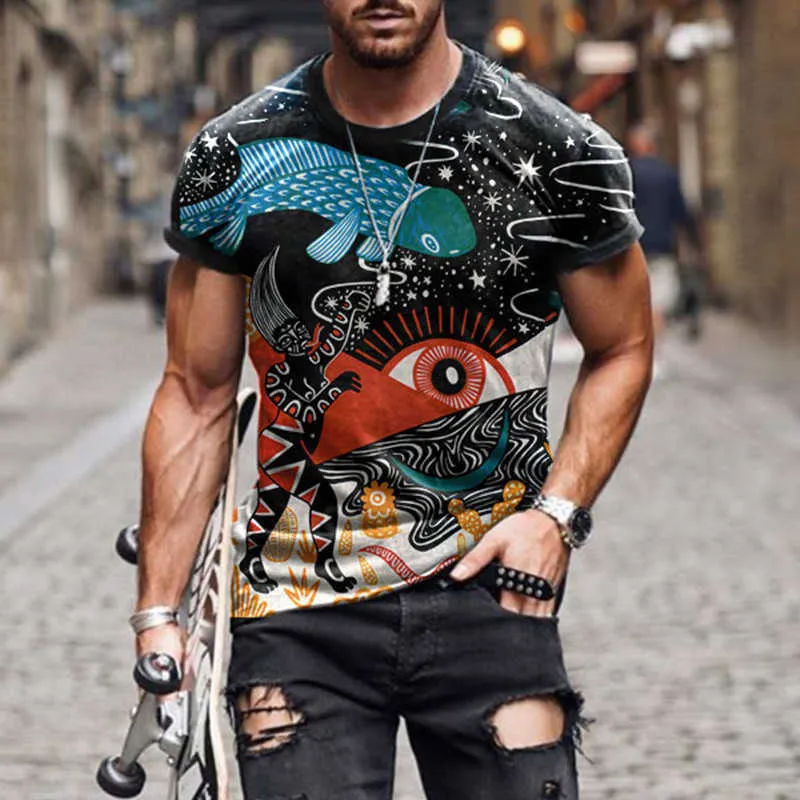 Męskie Vintage Bardzo podobwo z krótkim rękawem Koszulki Lato Moda Harajuku Styl Etniczny 3D Print O Collared Graphic T-shirt 210629