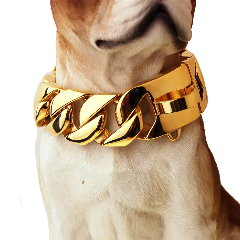 Colliers de chien de chaîne de Cuba de 32mm collier en acier inoxydable doré collier de chaîne pour animaux de compagnie gros chiens bouledogue Caslow Doberman304E