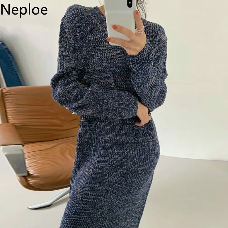 Neploe Maxi Abiti Donna Coreano Chic Lavorato a Maglia Abiti O-Collo Manica Lunga Abito Abiti Invernali Caldo Maglioni Femminile 210422