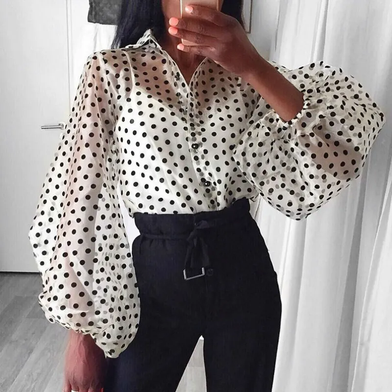 Women Sexy Sheer Polka Dot Organza Blouse Top Puff Long Sleeve Shirts 2019 New arrival X0521