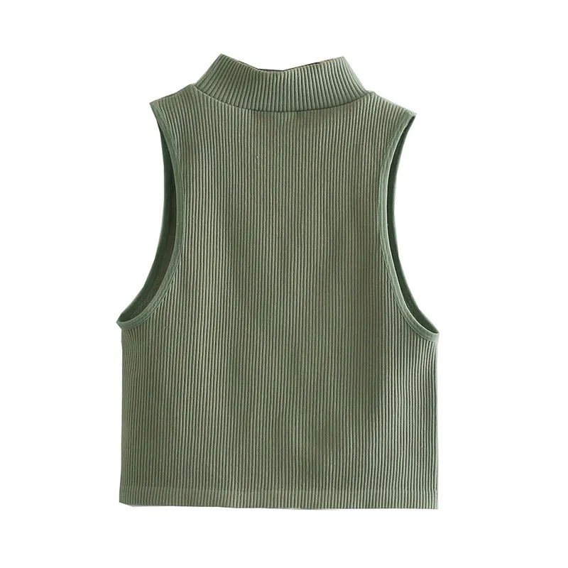 Camiseta sin mangas de punto para mujer verde verano Casual Fitness chaleco corto cuello alto fuera del hombro Sexy Crop 210430
