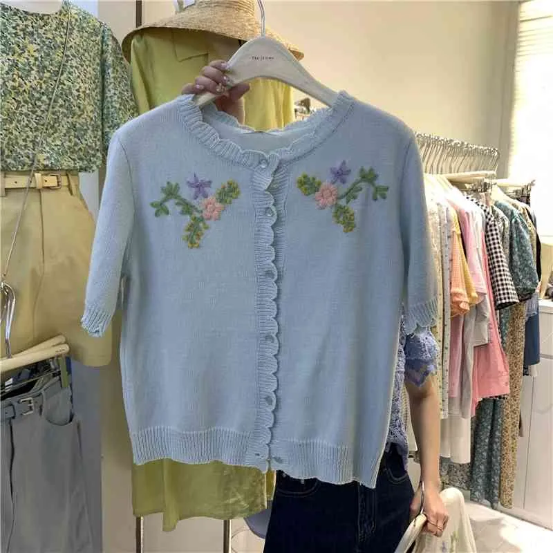 Broderade blommor All-Match Kortärmad Stickad Cardigan Sommar Koreansk Fashion Top Damkläder 210520