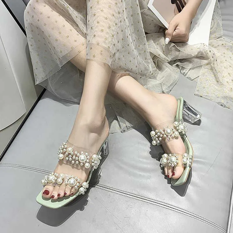 Rimocy luxe grande perle cristal talons hauts pantoufles femmes Transparent Pvc fête gelée chaussures femme grande taille sandales d'été 42 210528