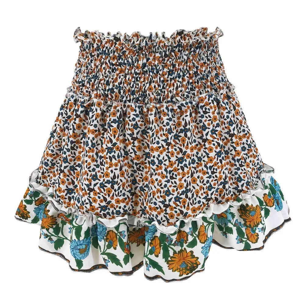 Bohemian floral print mini skirt women summer beach holiday short skirt high waist ruffle elastic A-line skirts plus size 210415