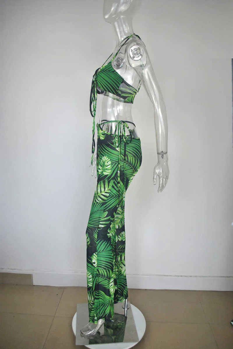 Beyprern Beautiful Halter Neck Cut Out Pants Set Trajes de dos piezas Summer Fashion Palm Print Laced Mesh Set Party Club Wears Y0625