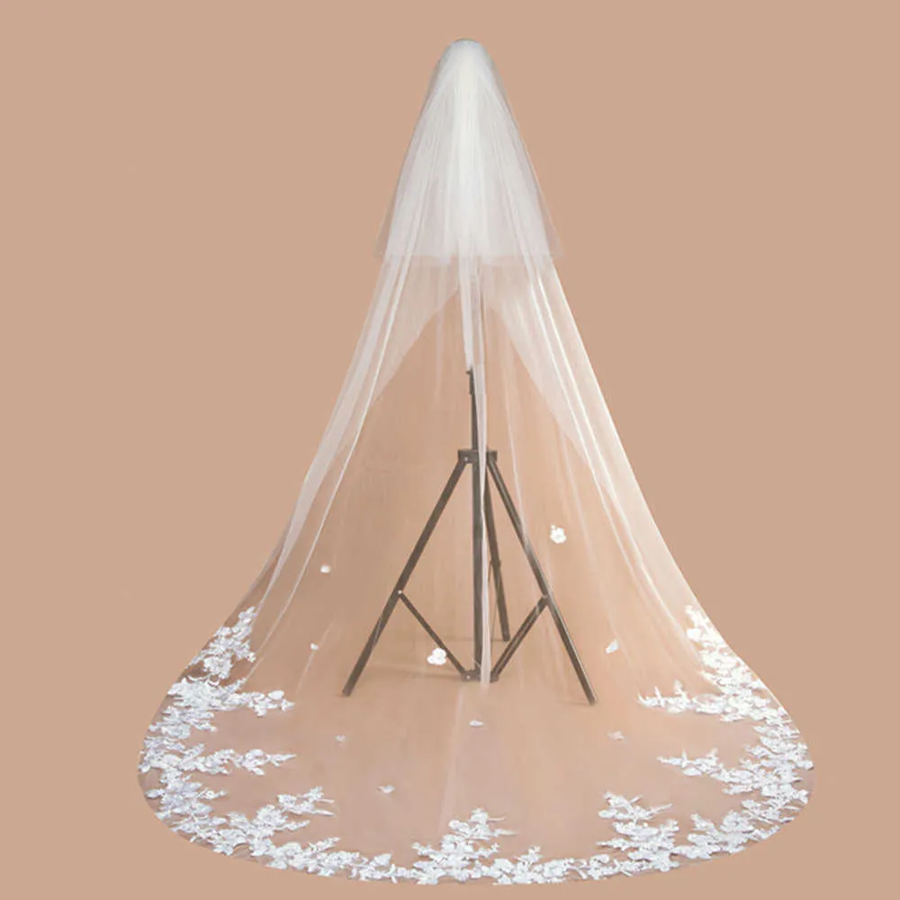 Good Quality Soft Tulle 3 Meters Lace Edge Cathedral Wedding Veil With Comb Two Layers White Ivory Bridal Veils Veu De Noiva X0726