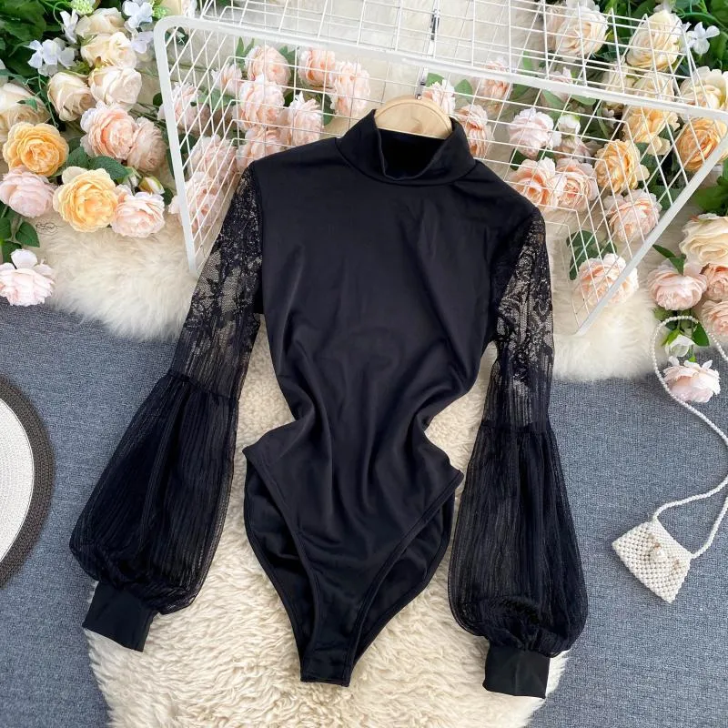 Singreiny 캐주얼 레이스 패치 워크 Rompers 여성 패션 랜턴 슬리브 Jumpsuit Women Streetwear Outmits Bodysuit 210419