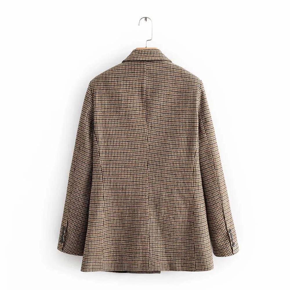 Vintage Eleganta Kvinnor Kontrastfärger Plaid Woolen Jacket Mode Kvinna Nedgång Krage Dubbel Breasted Coat Casual Casaco 210531