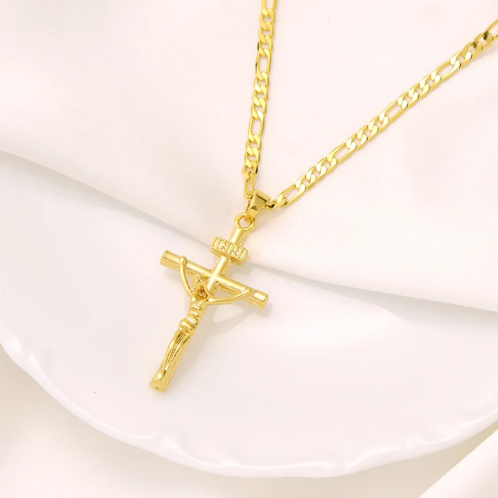 Italiaanse inri Jezus kruisbeeld kruis hanger Figaro ketting 9k geel massief goud GF 60cm 3mm Womens Mens318c