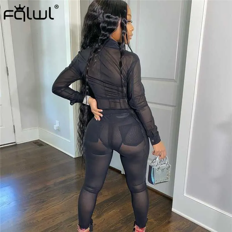 FQLWL See Through Sexy Club Neon da due pezzi Abiti da donna Manica lunga Bodycon Maglia Camicia Leggings Donna Set coordinati 2020 Y0625