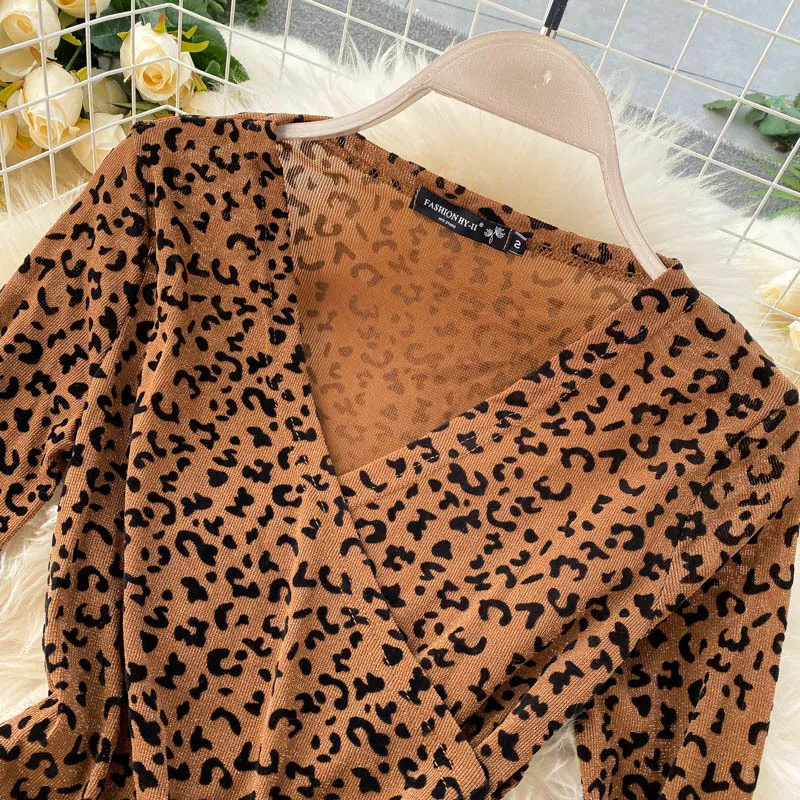 Mulheres outono moda retro leopardo manga longa tops + cintura alta magro babados longa saia coreana chique dois pedaços conjunto 210419