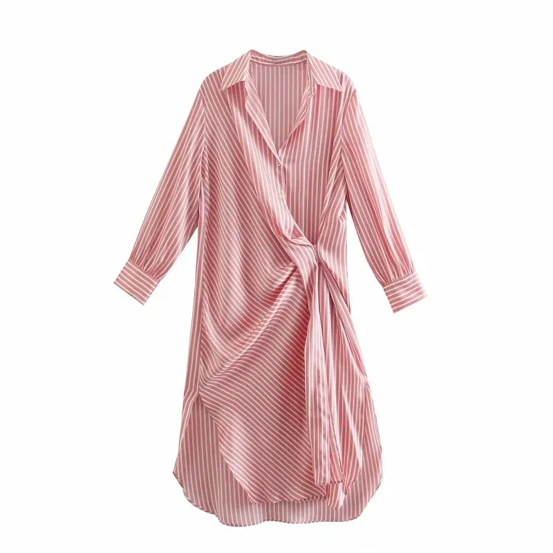 Pink Striped Shirt Dress Woman Spring Long Sleeve Wrap es Women Casual Hem Vents Button Up Midi 210519