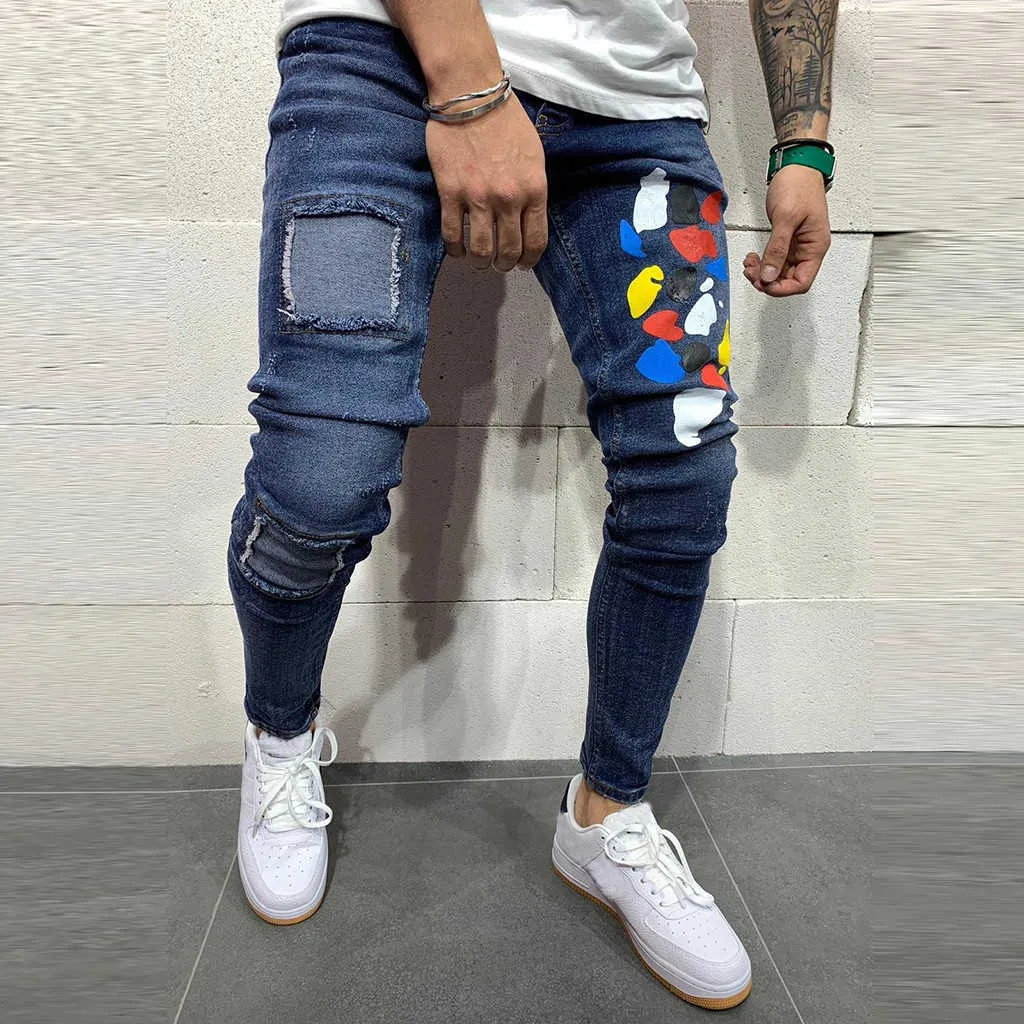 Erkekler Yırtık Kot Slim Fit Denim Pantolon Biker Hip Hop Kot Delik Bantlı Renkli Nokta Baskı Sıska Sıkıntılı Denim Sokak Pantolon X0621