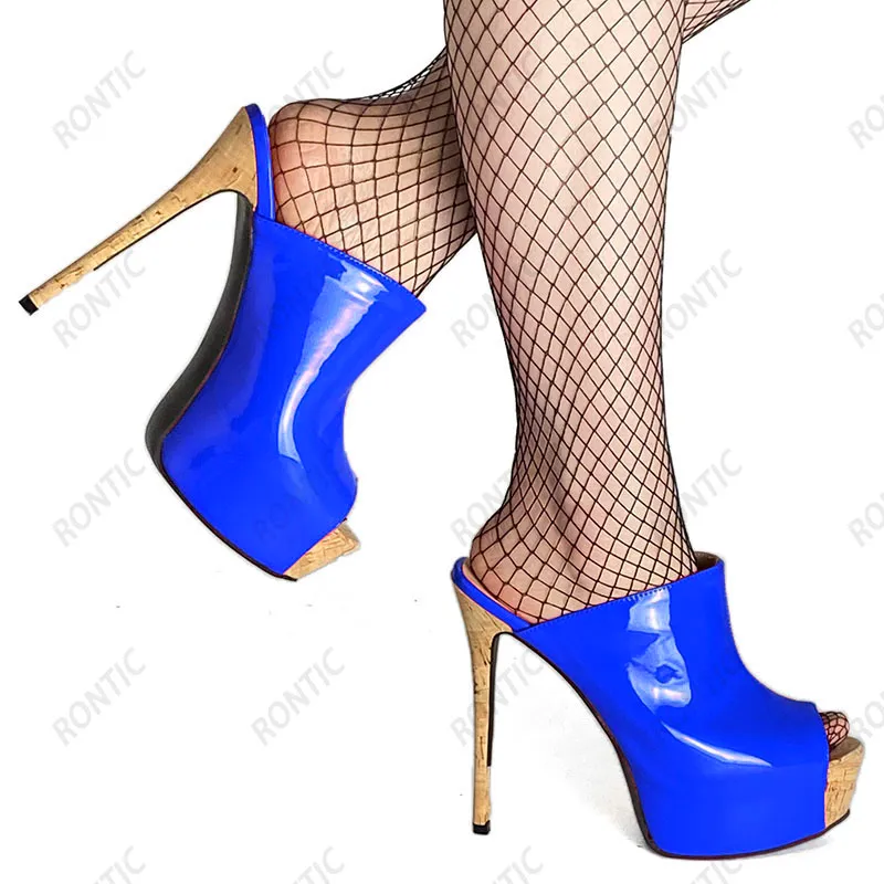 Rontic 100% hecho a mano mujer mulas sandalias charol Sexy tacones de aguja Peep Toe hermosos zapatos de fiesta señoras EE. UU. tamaño 5-20