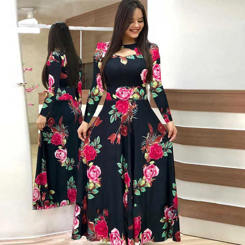 Boho Flower Print Maxi Dresses Women Autumn O Neck Long Sleeve Slim Swing Casual Hollow Out Tunic Lady Plus Size 5XL 210526