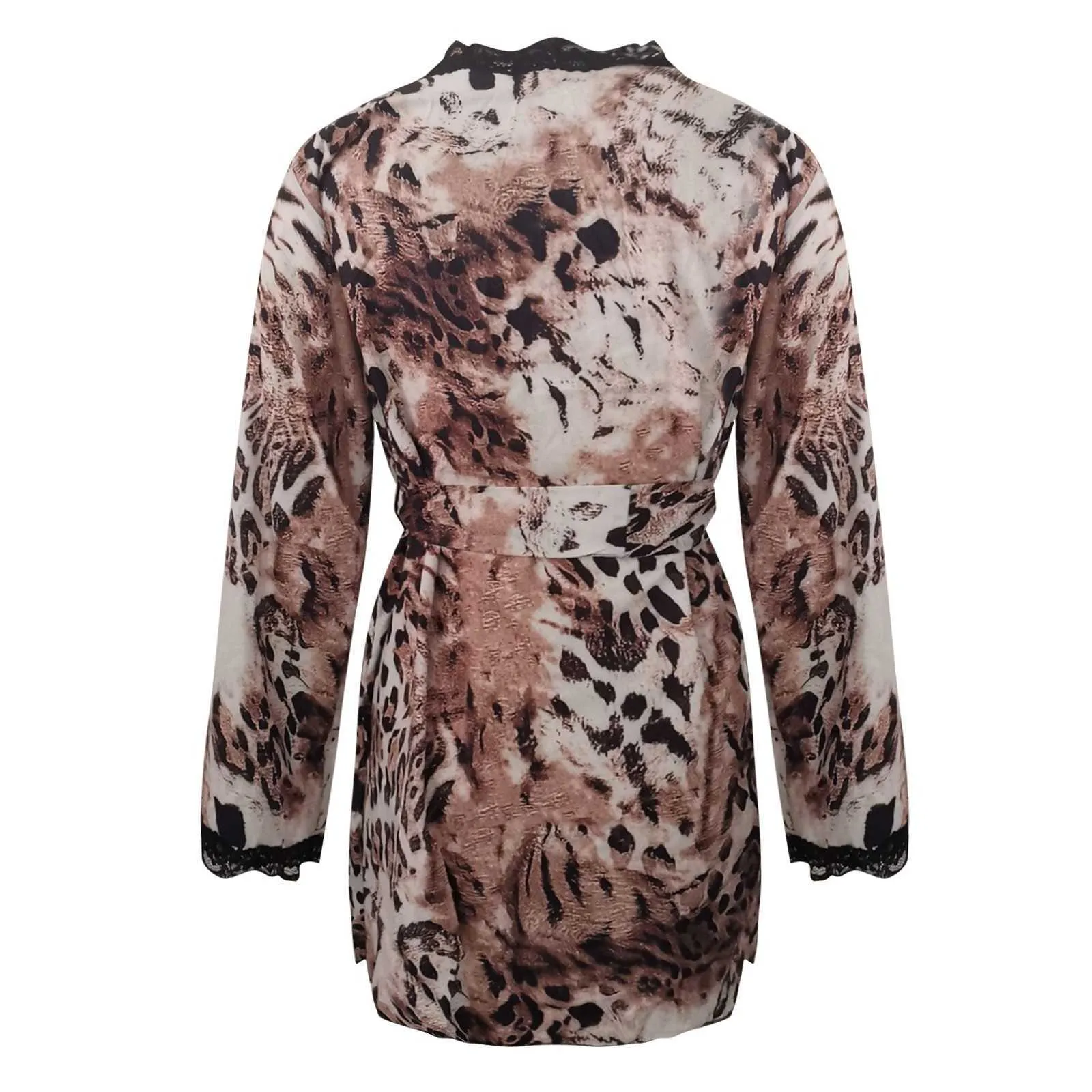 Kvinnor mode robe pyjamas nattdräkt underkläder damer brun underkläder sömnkläder leopard print pajama hemdräkt pyjama femme Q0706