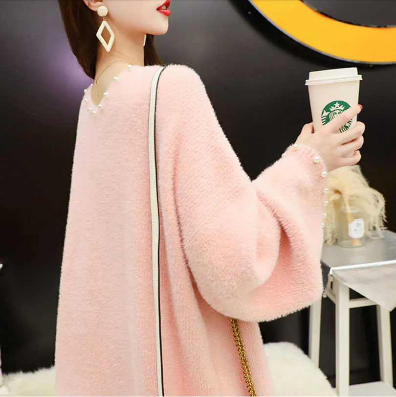 H.SA Winter Long Knitted Sweater Cardigans V neck Cashmere Soft Pearl Beading Knit Oversized Knitted Jacket Korean Coat 210716