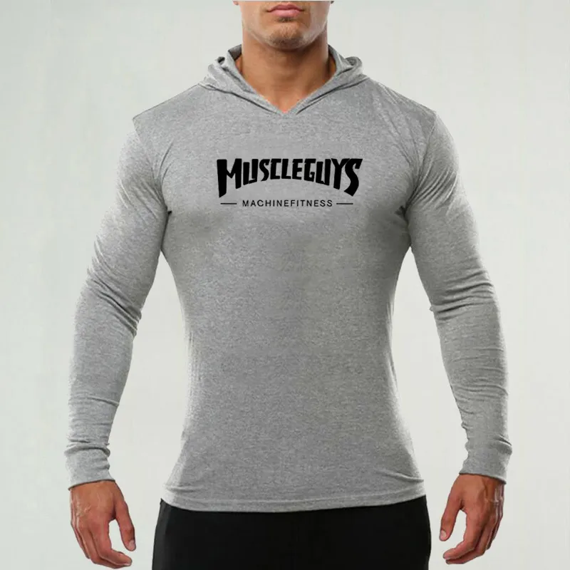 Fitness homens moda sportswear com capuz t-shirt homens manga comprida bodybuilding camiseta homem gym basculador sapates treino tshirt 210421