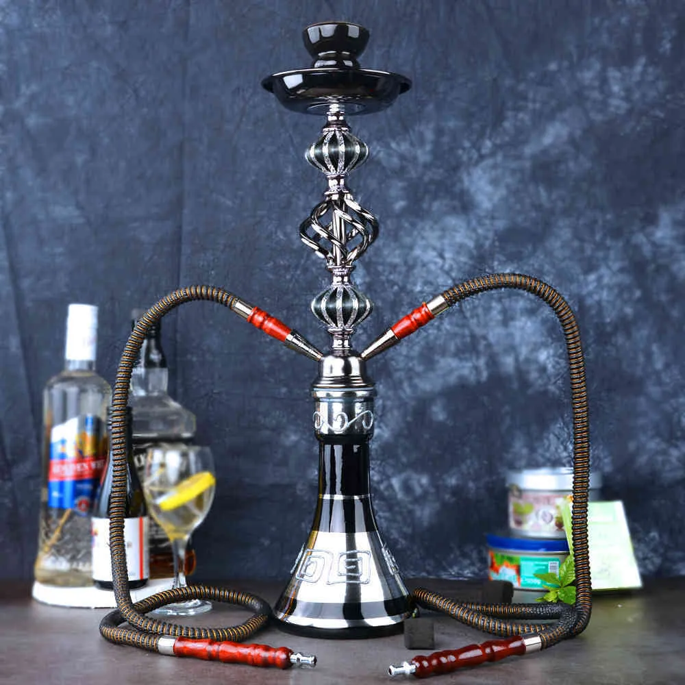 Grande pipa ad acqua Narghilè con doppio tubo in metallo becher bottom mysterios design Shisha nero laser pattern