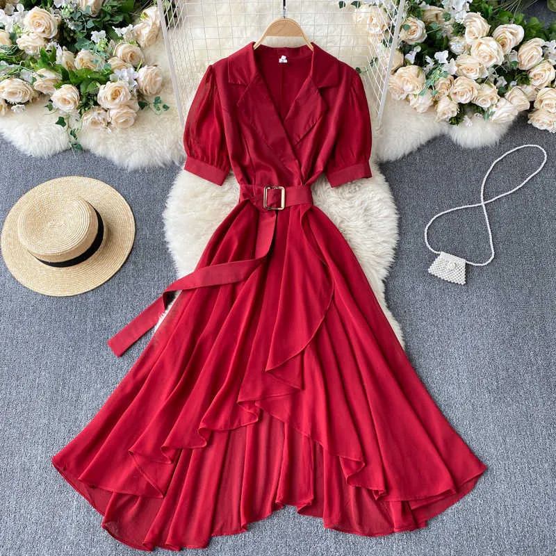 Zomer kantoor dames rood / zwart / groen onregelmatige jurk vrouwen elegante ingeklede kraag korte mouw hoge taille grote swing vestidos new y0603