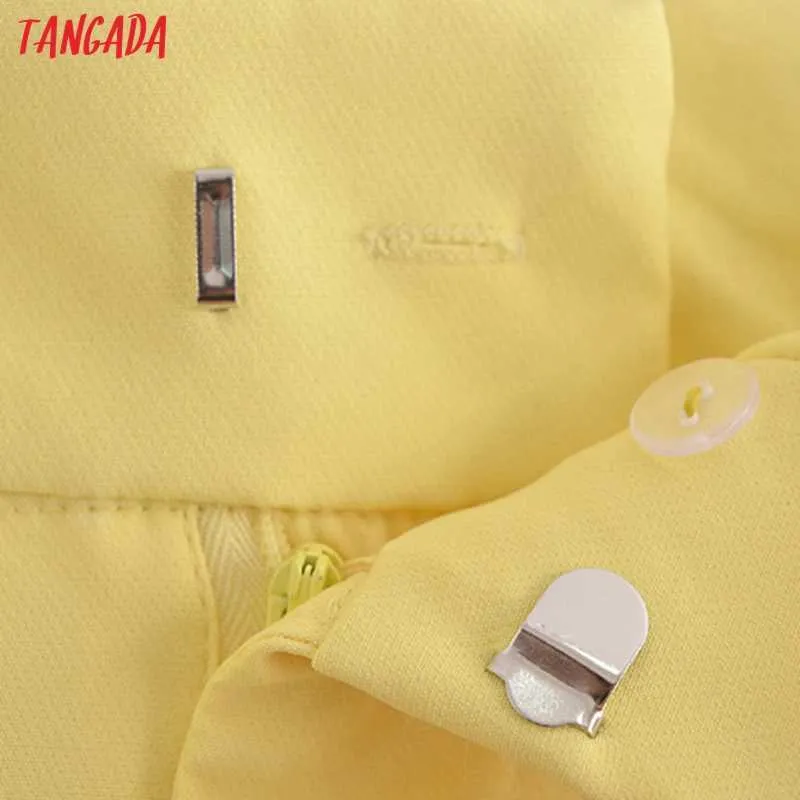 Tangada Mode Femmes Pantalon de costume jaune clair Pantalon avec poches Blet Boutons Bureau Lady Pantalon Pantalon 6A22-1 210609