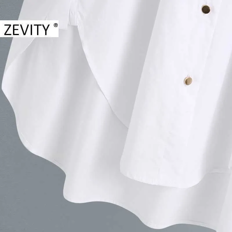 Zevity Women fashion golden buttons white smock blouse ladies long sleeve business shirt chic femininas blusas tops LS7218 210603